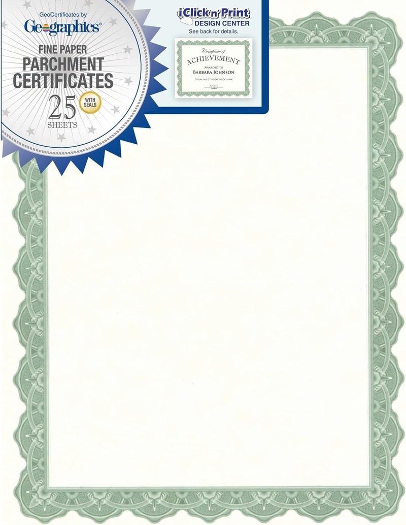 Geographics Optima Green Certificates with Gold Foil Seals  8.5 x 11  Seal 1.75""  Pack of 25 (39452S) - Image 1